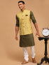 Vastramay Men's Yellow Jacquard Nehru Jacket with Kurta Pyjama Set